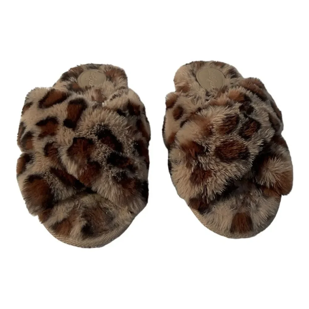 Cat & Jack Girls Leopard Print brooklyn faux fur slide on slippers  L(4/5)